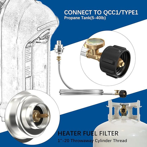 10FT Stainless Braided Propane Adapter Hose with Gauge, Adapter Hose with QCC1/Type1 Adapter Connect 20-45 lb Propane Tank (10FT Extension Hose/Propane Fuel Filter) for Heater and gas appliances