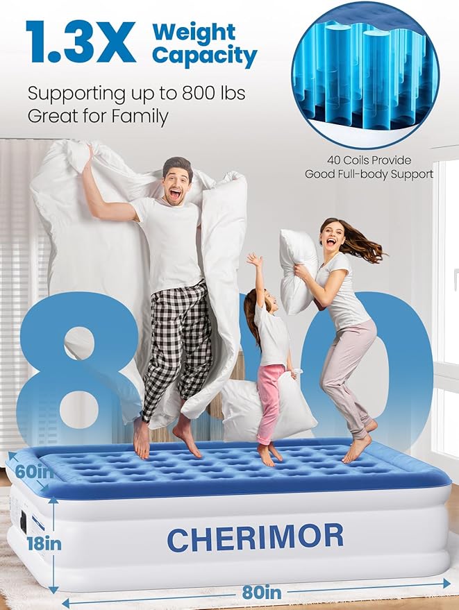 Queen Air Mattress with Built-in Pump, 18" Raised Comfort, 48Hr Leak-Proof Test, Upgraded Honeycomb Pillar Design, Supports 800 lbs, 3-Min Inflation-Inflatable Bed for Home Guests-Blue