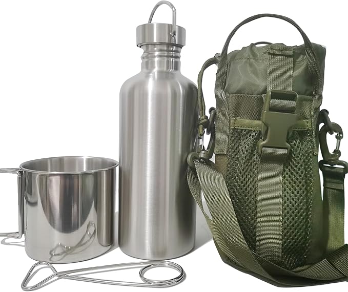 Survivor 3-in-1 Outdoor Canteen Kit - 42oz Single Wall Water Bottle with 24oz Nesting Camping Cup & Carrying Bag | 304 Stainless Steel | Wide Mouth Design | Outdoor Survival Bushcraft Gear