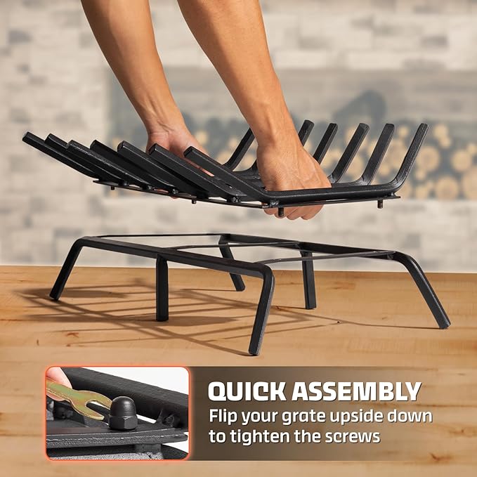 Idzo Cast Iron Fireplace Grate 24 inch, 3/4" Bar Fireplace Log Grate with Additional Leg for Sturdy Stand & Better Air Flow, Quick Assembly Fireplace Wood Grate for Indoor & Outdoor