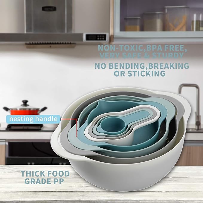 Plastic Mixing Bowls - Multicolored Mixing Bowl Set of 8, Nest for Easy Storage, Inculding Measuring Cups, Colander, Sifter, Large Bowl, Great for Cooking and Baking, Rv Camping Accessories, No BPA