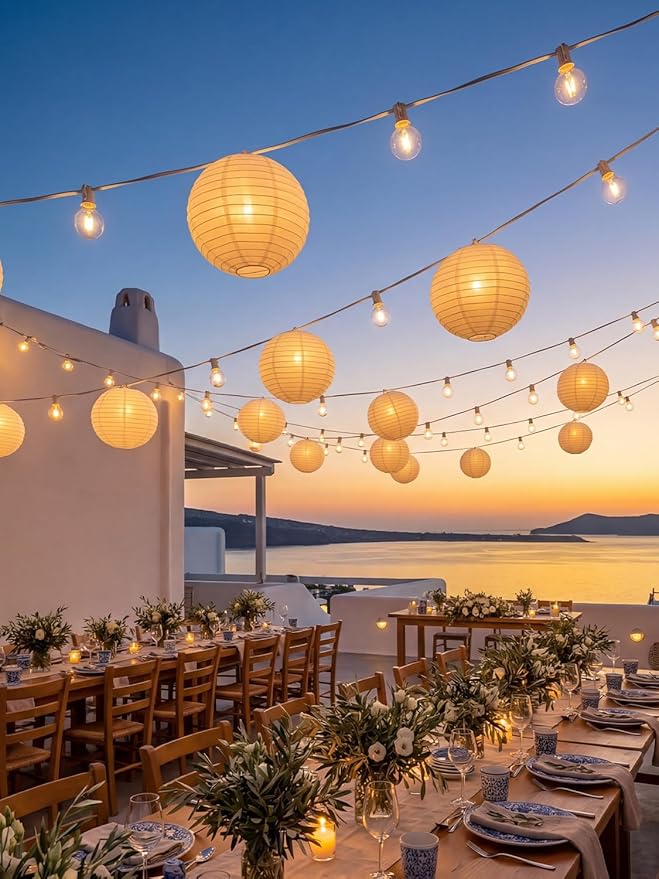 25Ft White Lantern String Lights with 10pcs G40 LED Bulbs,Nylon Hanging Chinese White Lanterns Connectable for Indoor Outdoor,Summer Camping,Wedding,Bedroom,White Wire