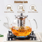 PARACITY Glass Teapot Stovetop 50 OZ/1500ml, Tea pot with Removable 18/8 Stainless Steel Infuser, Borosilicate Clear Tea Kettle, Teapot Blooming and Loose Leaf Tea Maker Tea Brewer for Camping, Travel