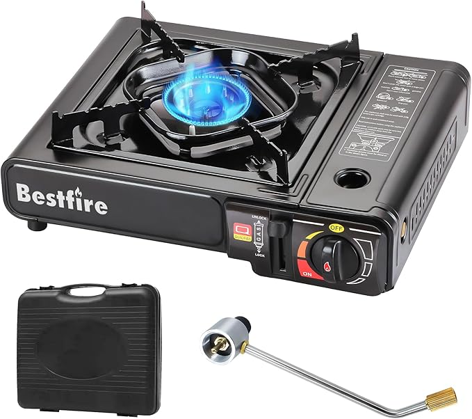 BESTFIRE Portable Dual Fuel Camping Stove – Reliable Butane & Propane Gas Stove with Carrying Case & Adapter – Single Burner for Outdoor Cooking, Tailgating & Emergency