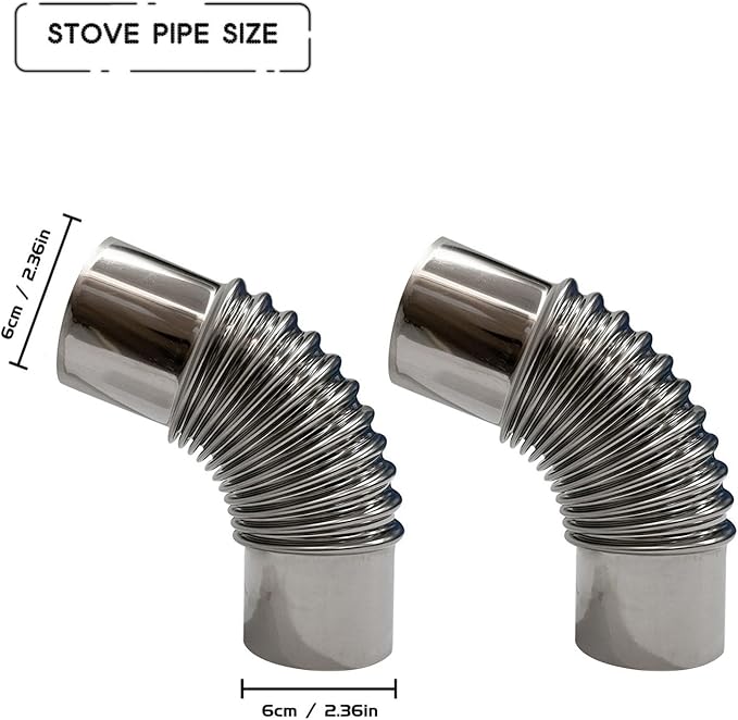 SoloWilder Wood Stove Pipe 2pcs 45 Degree Stainless Steel Chimney Tube 2.36" Stovepipe for Camping Tent Stove