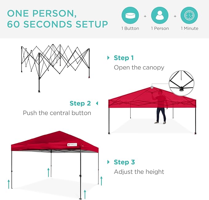 Best Choice Products 10x10ft Pop Up Canopy Tent, Outdoor Shade, 1 Person 1 Minute Set Up, Carry Case, 4 Weight Bags - Red