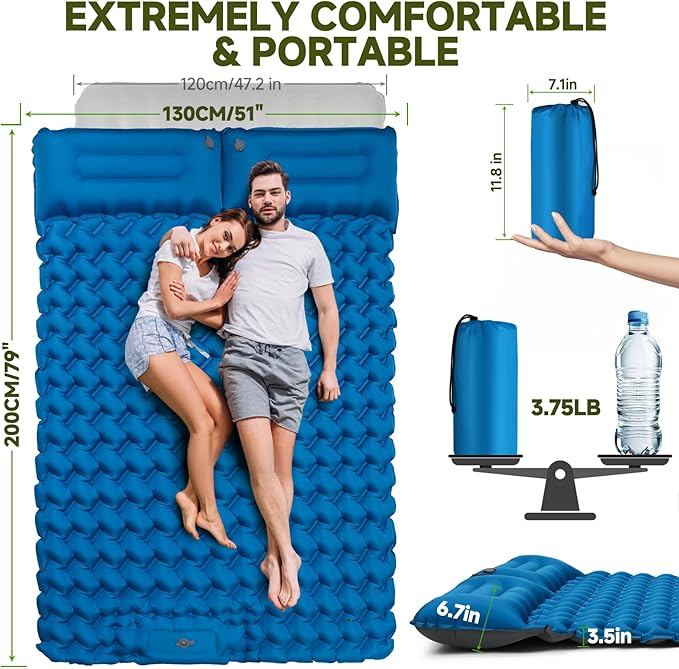 Double Camping Sleeping Pad, 4" Extra Thick 2 Person Inflatable Sleeping Pad with Built-in Foot Pump & Pillow, Self Inflating Camping Mattress for Tent, Backpacking, Hiking, Travel, RV（Blue）