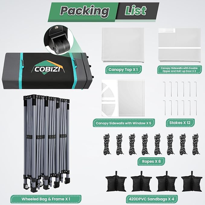 COBIZI 10x30 Pop Up Canopy Tent with 8 Removable Sidewalls, One Push Party Tent Outdoor Waterproof Event Canopy with Air Vent for Parties Commercial Wedding, 3 Height, Roller Bag, Sandbag, White
