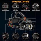 Rechargeable Headlamp Super Bright, 3000 High Lumens Head Lamp with 9 Modes, Zoomable Headlamp for Adults 90° Adjustable, IPX7 Waterproof High Power Head Light for Fishing Camping