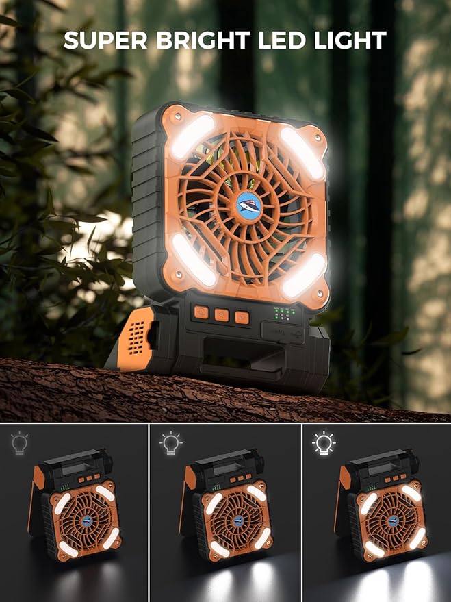 Smiling Shark Camping Fan with LED Lantern, USB Rechargeable Solar Camp Fan with 4 Speeds Powerful Wind & 3 Timer 90° Foldable Cordless Portable Tent Fan for Camping Fishing Hiking