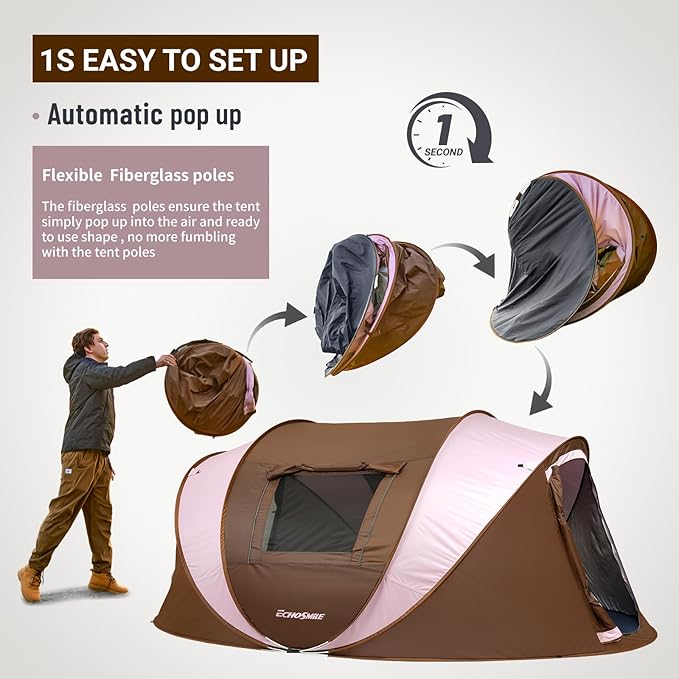 EchoSmile Instant Pop Up Camping Tent, 2/4/6 Person, Easy Setup Tent, Water Resistant Dome, Portable with Carry Bag