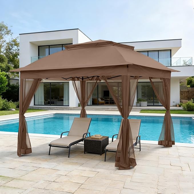 COOS BAY Pop up Gazebo 11x11, Instant Canopy Tent with Mesh Netting, Patio Gazebo with 121 Square Feet of Shade, 4 Weight Bags Included, Brown