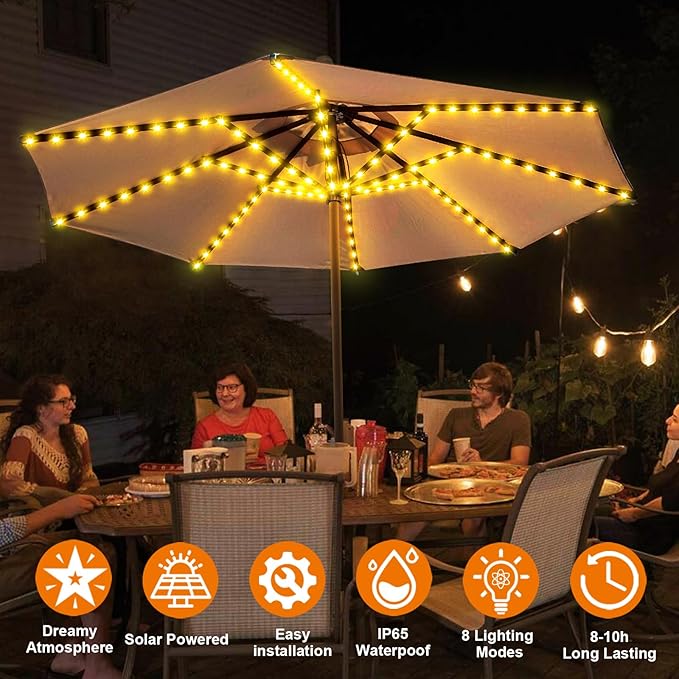 ZNYCYE Solar Umbrella Lights, 8 Strands Patio Umbrella Lights Outdoor with 8 Modes 3V Solar Panel Clip 112 Led Outdoor Waterproof for Beach Deck Garden Camping Tents Party Decoration(Warm White)