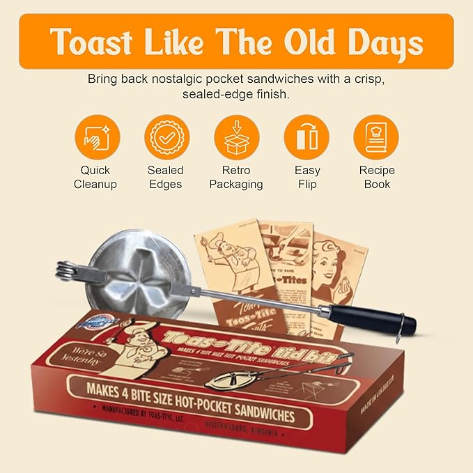 Tid Bit Handheld Sandwich Maker, Portable Sandwich Grill & Panini Press, Cast Aluminum Pie Iron, Retro 1945 Stovetop & Campfire Toaster for Hot Sandwiches, Pies, Paninis, RV & Camping