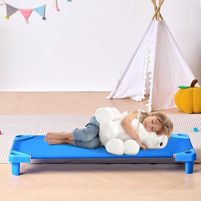 VEVOR Stackable Kiddie Cot, 6 Pack Portable Toddler Nap Cots, Standard Size 52" L x 23" W Daycare Cots for Kids, Preschool Classroom Daycare Beds for Sleeping, Resting, Naptime, Blue