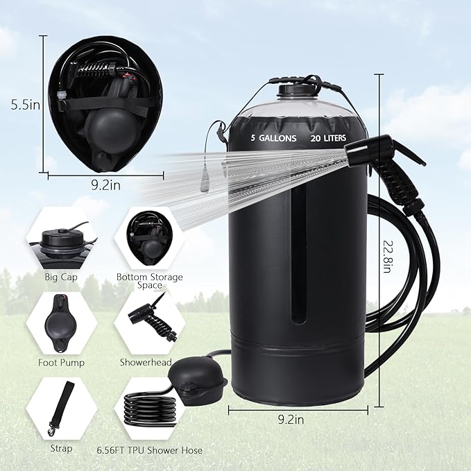 Aircity Portable Solar Camping Shower Bag with Foot Pump & Upgraded Leak-Proof Design – 20L/5-Gallon Outdoor Shower for Beach, Hiking, Travel | Lightweight, Large Water Inlet, Carry Bag
