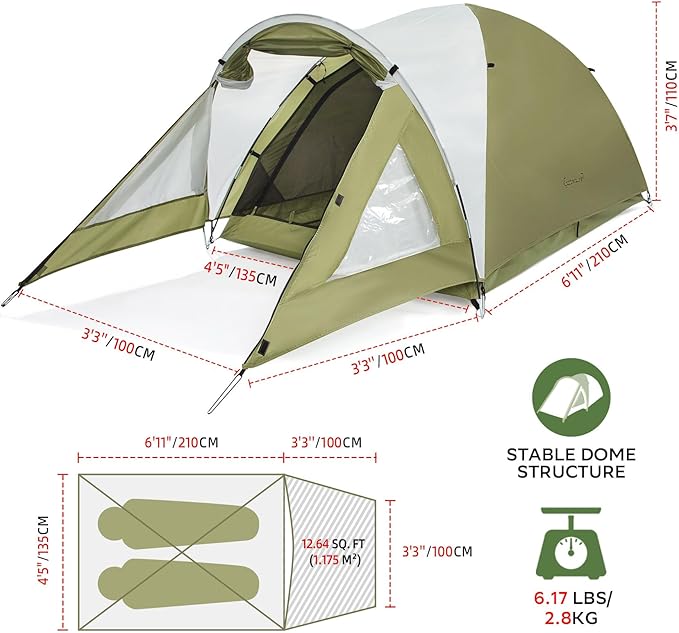 Clostnature Camping Tent with Porch - Waterproof 2 Person Tent for Camping, Easy Setup Lightweight Two Person Shelter for Hiking, Backpacking, Family, Outdoor