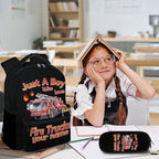 School Backpack for Boys, Custom with Name Set of 3 Fire Truck Kids School Backpacks Matching Combo for Kindergarten Preschool, Truck Bookbag and Pencil Pouch Bundle for Toddler Car Lovers