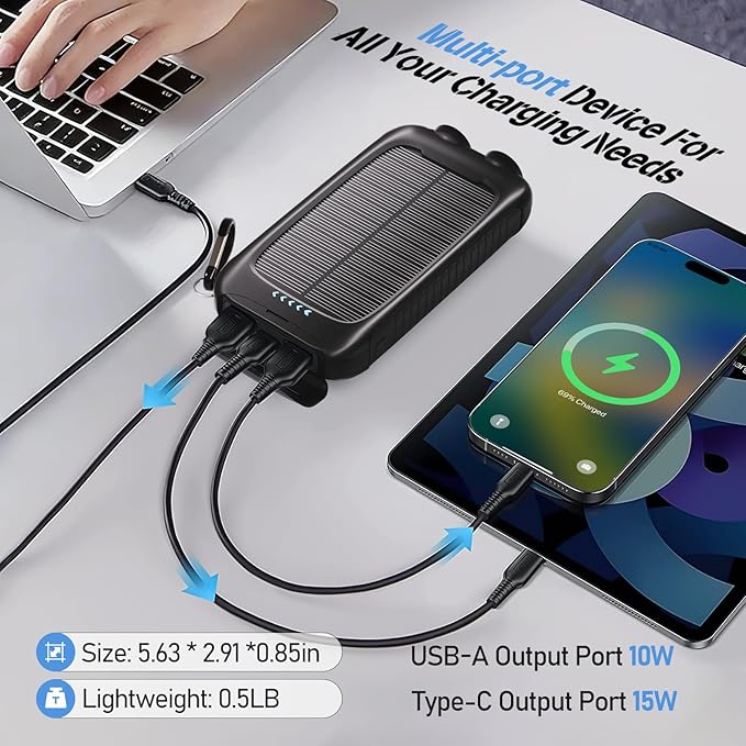 Portable Charger Solar Power Bank 8000mAh with USB-A and USB-C 5V/3A Output Port Black Battery Pack Compatible with iPhone, Samsung, Waterproof Emergency LED Flashlights Perfect for Camping, Hiking