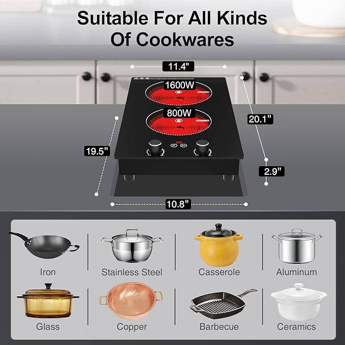 Electric Cooktop, 2 Burner Ceramic Cooktop 2400W 110V, Built-in or Countertop with Touch and Knob Control, 10 Power Levels, Child Lock, Timer, Hot Surface Indicator, Overheat Protection