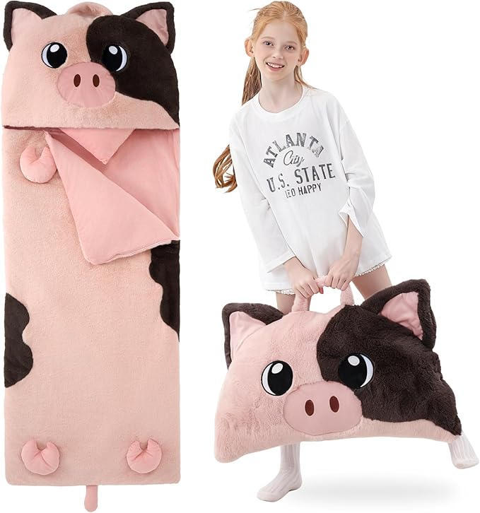 70" 4.2lbs Pig Thickened Kids Nap Mat for Preschool, Daycare,Kindergarten,Soft Washable for Boys and Girls, 2-in-1 Stuffed Animals Sleeping Bag and Pillow, Sleep Sack for Toddlers