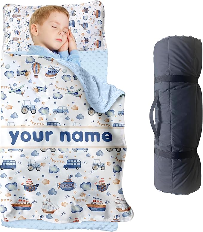 Personalized Toddler Nap Mat for Preschool, Custom Name Kids Sleeping Bag for Daycare, Kindergarten Roll Up Sleeping Mat with Removable Pillow and Soft Blanket, Fun Themes for Boys & Girls