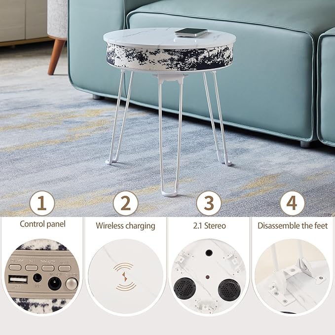 Louis Donné Smart musicTable with Bluetooth Speaker & Wireless Charging Station, Portable FoldableTable with 10W 360° Stereo Sound, Sensor Night Light, Waterproof Outdoor Camping Party Table (White)