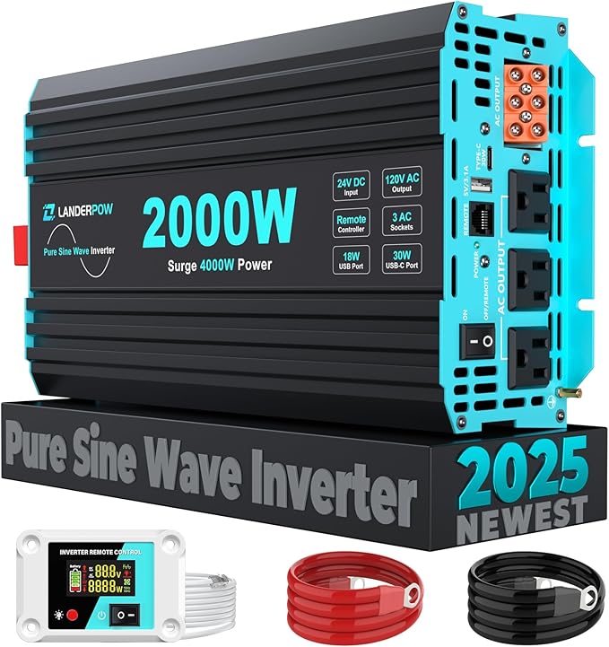 2000 Watt Pure Sine Wave Inverter, 24V DC to 120V AC Inverters for RV, Truck, Solar, Home, Power Inverter with 3 AC Outlet, 30W USB-C, 5V 3.1A USB, Hardwire Port, Remote Control, Surge 4000W