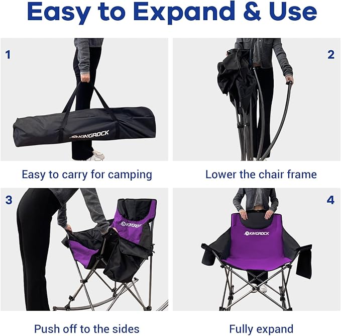 KINGROCK Oversized Rocking Camping Chair with Headrest and Carry Bag, 260LBS Capacity Folding Portable Camp Chairs for Adults, Recliner for Outdoor, Beach, Fishing, Travel, Sports Games,Purple