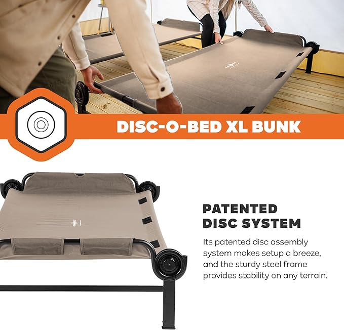 Disc-O-Bed Extra Large Outdoor Convertible 2 Person Bench and Double Camping Cot Portable Bed for Adults, Tan