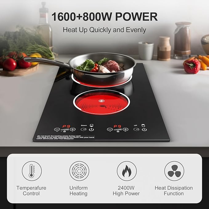 Electric Cooktop, Built-in and Countertop 2 burner Electric Burner for Cooking, 2400W 110V stove top,11 Power Settings, Timer and Child Safety Lock, LED touch control,Overheat Protection.