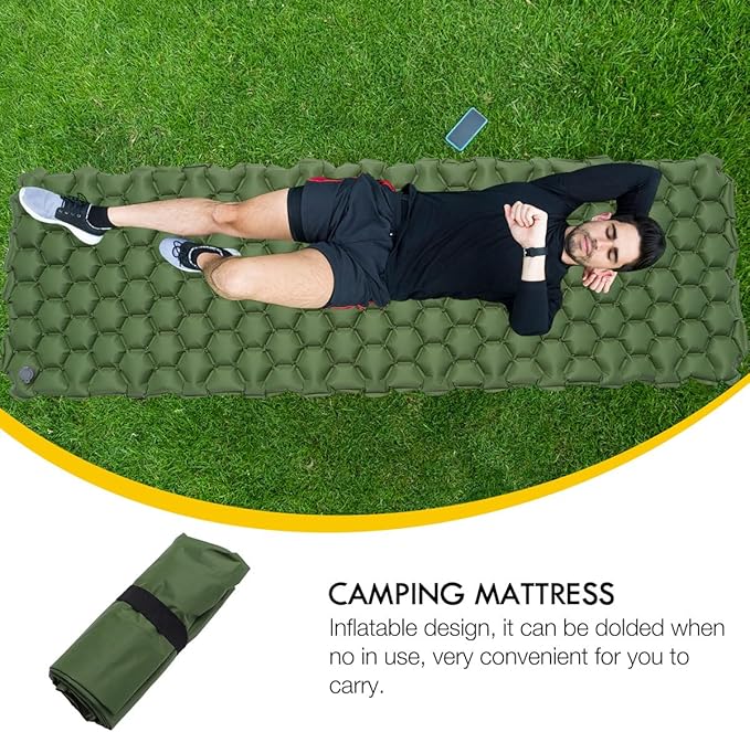 PRETYZOOM Outdoor Inflatable Sleeping Mat Waterproof Camping Mattress Portable Tent Sleeping Pad 192x58x6cm Green for Hiking and Travel