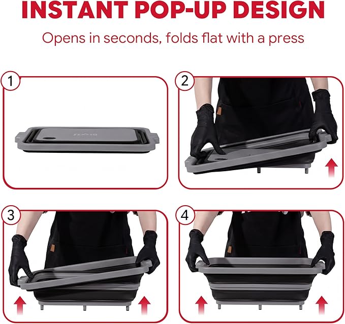 9-IN-1 Collapsible BBQ Prep Tub with Cutting Board, Portable Grill Prep Station with Side Brackets, Lids, Knives, Meat Claws and Drain Rack, Space-Saving for Kitchen, RV, Camping, Black