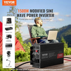 VEVOR Modified Sine Wave Inverter, 1500W, DC 12V to AC 120V Power Inverter with 2 AC Outlets 2 USB Port 1 Type-C Port 6 Spare Fuses, for Small Home Devices Like Smartphone Laptop, CE FCC Certified