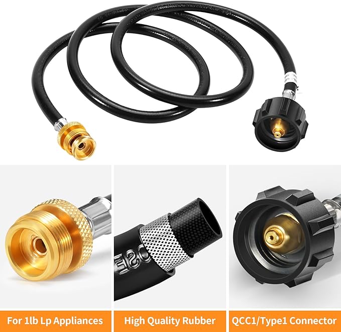 GasSaf 5FT Propane Hose, Propane Adapter 1lb to 20lb Converter, Propane Tank Gas Grill Hose Suitable for Weber Q Grill, Coleman Camping Stove, Buddy Heater and More Portable Grills