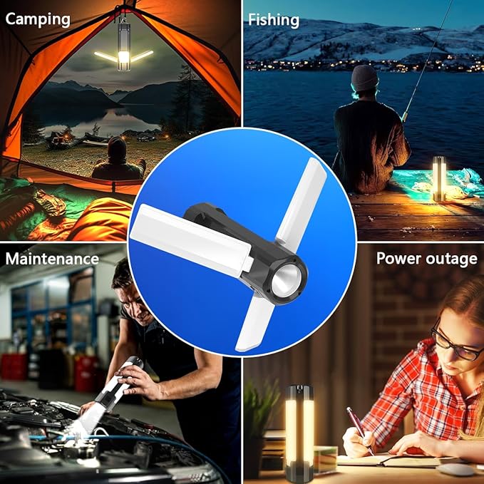 Solar Camping Light, USB Rechargeable LED Camping Lantern with 7 Light Modes, Hook, Magnetic Base, Foldable Emergency Flashlight for Tent Hiking Hurricane Home Power Outages (3600mAh, Black)