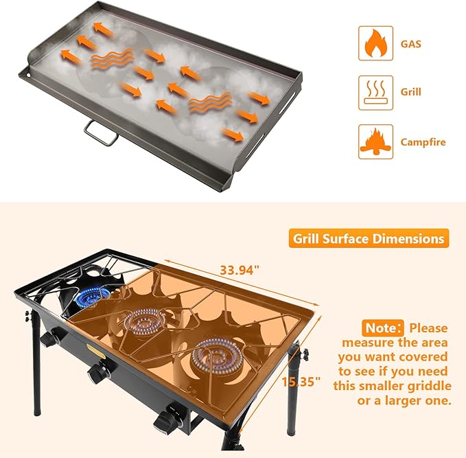Hisencn 2 Burner Griddle for Camp Chef Stove, Flat Top Griddle for Gas Grills, Portable Griddle with Oil Drip Port, Camping Griddle for Camp Chef 14" Cooking Systems, Outdoor Cooking Equipment, 14x32“