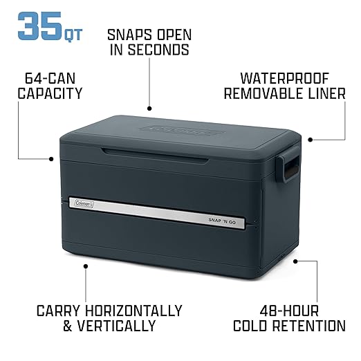Coleman Snap 'N Go 35-Quart Collapsible Hard Cooler, Portable Hard-Sided Cooler with Waterproof Removable Liner, Spacing-Saving & Quick Set Up, 48 Hours Cold, Mussel Grey