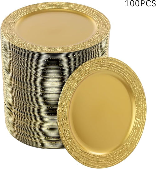 100 PCS Antique Charger Plates Bulk, 13'' Plastic Embossed Dinner Plate Chargers Round Floral Plates for Wedding Decorative Chargers for Table Dinner Kitchen Party Decoration (Golden)