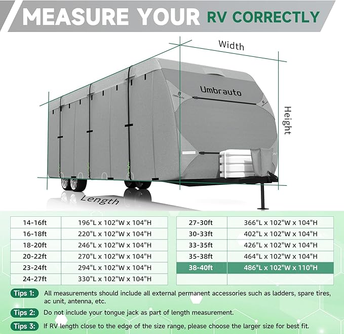 Umbrauto RV Cover Fits 33-35ft Travel Trailer: Lightweight, Waterproof Camper Cover for Toy Hauler, Winter Campsite, with Gutter Covers, Tongne Jack Covers, Windproof Straps