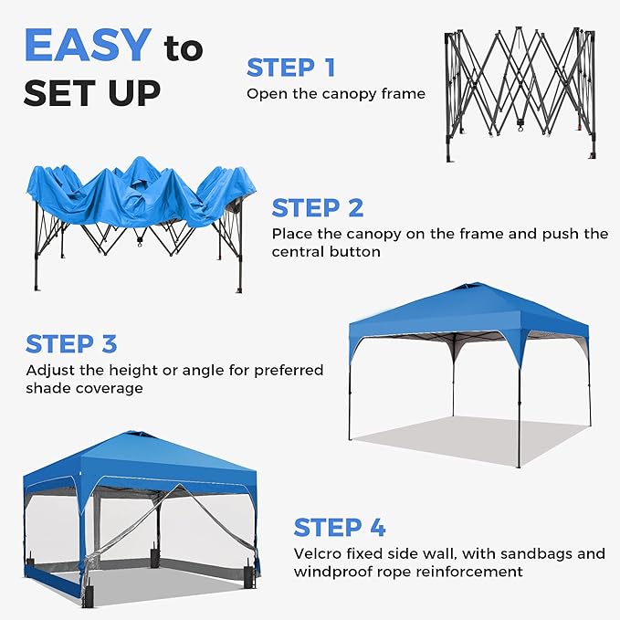 GDY 10x10 FT Pop Up Canopy Tent with One Push Setup,Setup Gazebo with 4 PVC Transparent Sidewalls,Easy Carry for Events, Parties, Camping, Blue.