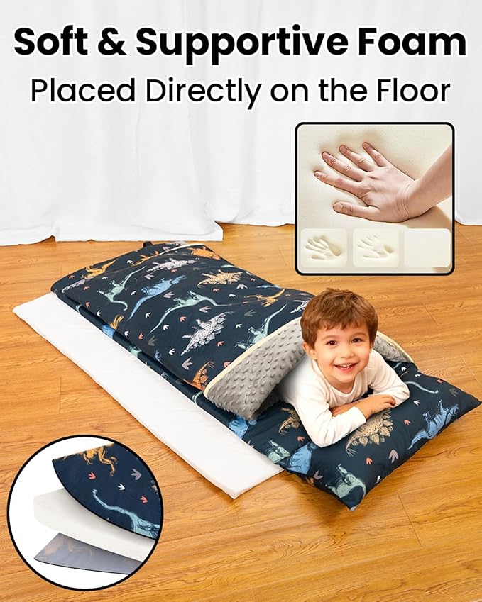 Primlect Toddler Thickened Foam Nap Mat with Pillow, Extra Large 55"x35", Soft, Supportive Sleeping Bag with Detachable, Washable Cover, for Sleepover, Home, Travel, Boys and Girls
