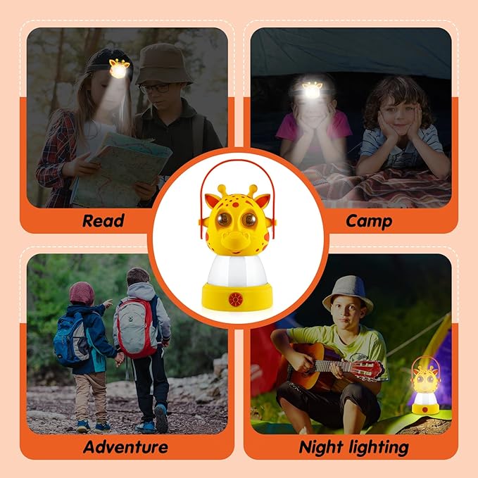 VIHOSE 2 Set Kids LED Camping Lantern and Headlamp 4 Pcs Animal Themed Camping Equipment Nightlight Battery Powered Night Light for Emergency Hurricane Lightweight Tent Lamp for Children