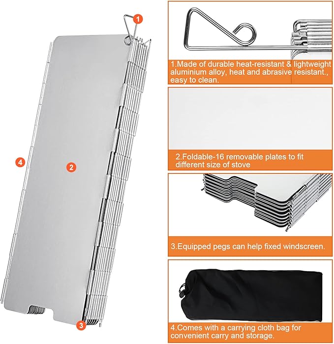 2 Pack Camping Stove Windscreen 16 Plates Folding Outdoor Stove Windscreen Aluminum Camp Stove Windscreen with Carrying Bag, Camping Stove Windshield for Camping Picnic, Backpacking, Cooking