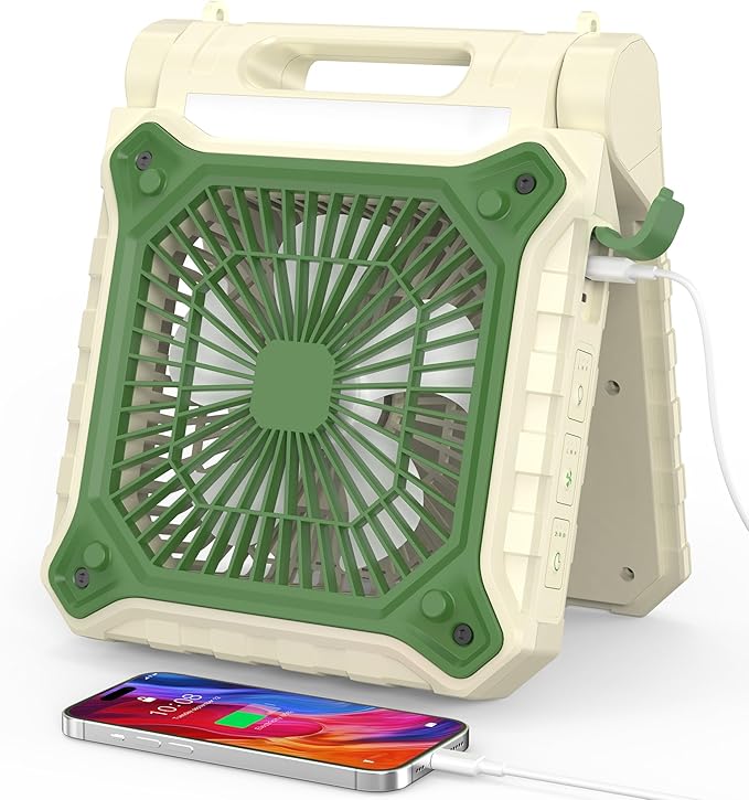Solar Fan with LED Lantern - Battery Powered with Solar Panel, 90° Adjust, 3 Speed & Timer, 40Hrs Cooling, Rechargeable Battery Operated, Solar Powered for Camping Outdoor Fishing Travel RV Hurricane