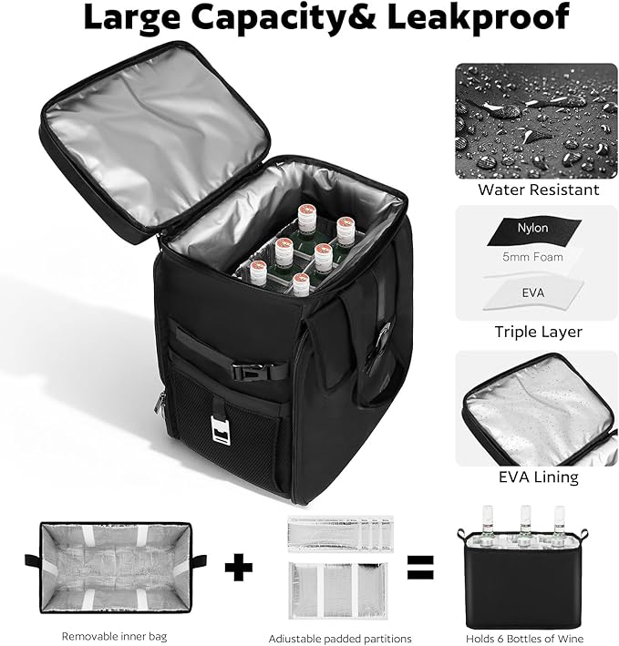 Bartender Bag, Leakproof Travel Bartender Kit Backpack for Carrying Bar Kit, Portable Bar Bag for Cocktail Shaker and 6 Wine Bottle, Professional Mixology Gift for Travel Home Party (Backpack Only)