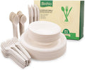 250 Piece (50 Sets) Biodegradable Paper Plates Set (EXTRA LONG UTENSILS), Disposable Dinnerware Set, Eco Friendly Compostable Plates & Utensil include Plates, Bowls, Forks, Knives and Spoons