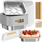 50 Pack Disposable Aluminum Foil Loaf Pans with Lids Stickers and Parchment Paper Sheets-8" X 8" X 1.6" Disposable Square Baking Cake Pans-Aluminum Foil Tins Portable Food Containers Kit