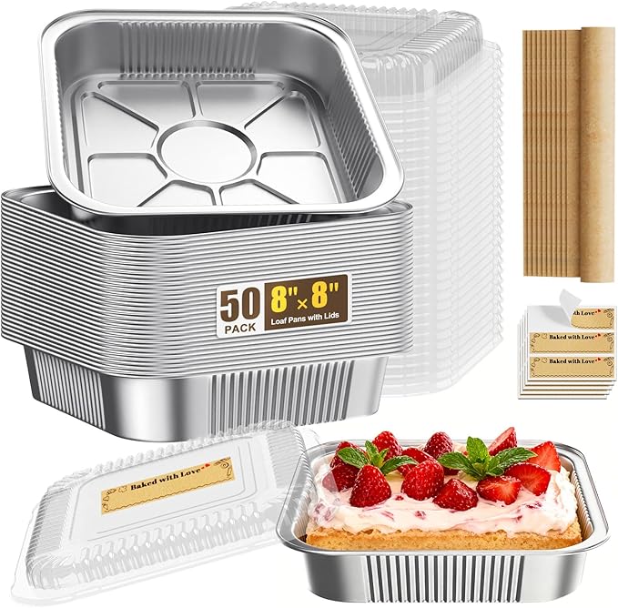 50 Pack Disposable Aluminum Foil Loaf Pans with Lids Stickers and Parchment Paper Sheets-8" X 8" X 1.6" Disposable Square Baking Cake Pans-Aluminum Foil Tins Portable Food Containers Kit