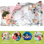 Custom Toddler Nap Mat for Preschool, Personalized Name Kids Sleeping Bag with Animals Parrern for Daycare, Roll Up Sleeping Mat with Removable Pillow and Soft Dot Minky Blanke for Girls Camping
